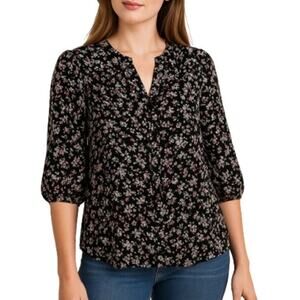 41 Hawthorn Split Neck Blouse Black Floral NWT Size XS 3/4 Sleeve Tops